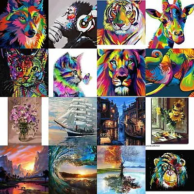 DIY Animal Oil Painting By Numbers Kit Craft Paint Canvas Frameless Kids Gifts • £3.58