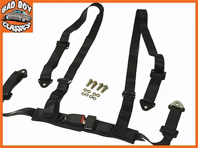 4 Point Black Racing Seat Belt Safety Harness Adjustable Straps Universal Design • £22.95