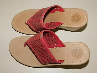 New Womens Size 7 Ugg Solena Red Perf Leather Wedge Flip Flops Sandals 1002632 • $39.99