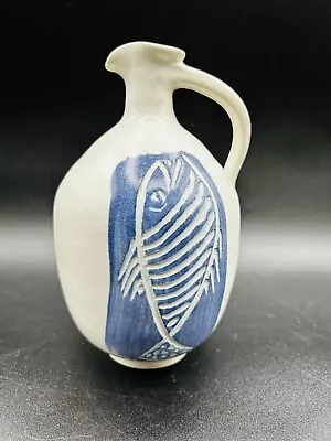 Art Pottery Blue White Fish Vase Pitcher Sgraffito Nautical Design With Handle • $34.60