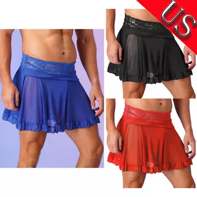 US Men's Sissy Sheer High Waist Frilly Mini Skirt Mesh Lace Waistband Miniskirts • $7.35