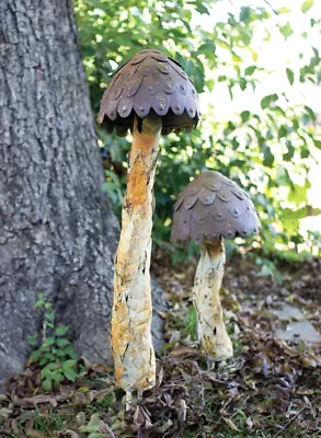 Rustic Mushroom Garden Stake Set Metal Yard Art Statue Sculpture ~ Set Of 2 • $148