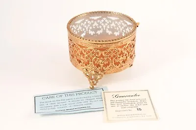 Matson Gold Plate Filigree Ormolu 24k GP Vintage Jewelry Box Glass Lid Round NOS • $43.20
