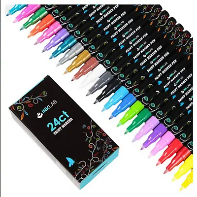 INKLAB Acrylic Paint Pens 24 Colors Quick Dry For Rock Wood Glass Canvas Ceramic • £9.50