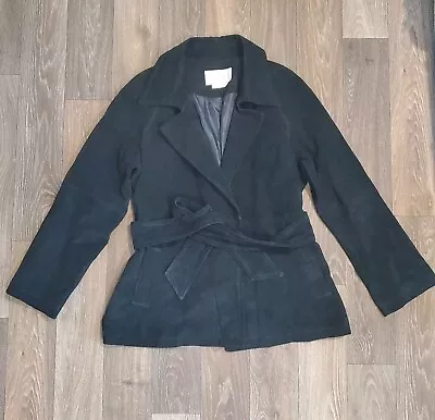 Margaret Godfrey Vtg Black Leather Jacket XL Suede Belted Open Front Trench Coat • $29.99