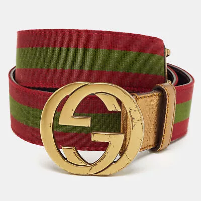 Gucci Burgundy Leather And Web Detail Interlocking GG Buckle Belt 95 CM • $241.50