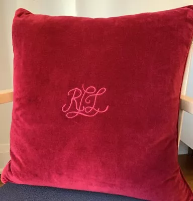 VTG Ralph Lauren 20” Red Velvet Monogram Logo Throw Pillow W/feather Insert • $77.79