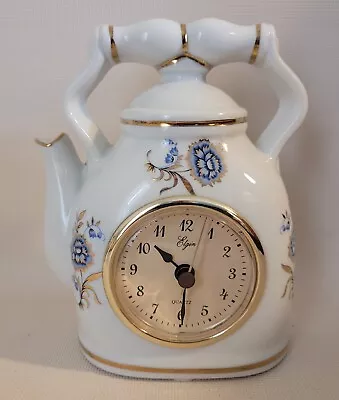 Vintage Elgin White Porcelain Teapot Mantle Table Clock Cobalt Gold Flowers  • $36.76