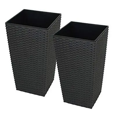 Tall Set Of 2 Brown 12 Litre Square Plastic Rattan Indoor/Outdoor Planters • £14.99