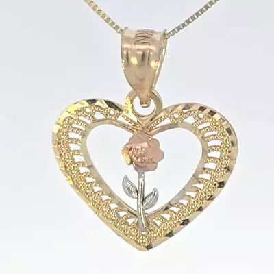 10K Real Gold Tri Color Fancy Heart Rose Charm With Box Chain • $137.89