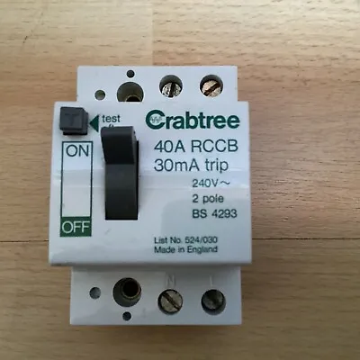 Crabtree 524/030 40A 30mA RCCB 2 Pole RCD Main Switch 40amp • £16