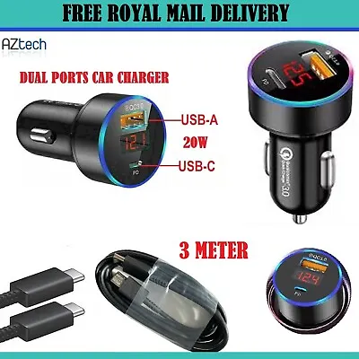 Super Fast 20W Dual PD Car Charger & 3M Long USB-C Cable For All Samsung Phones • £9.55