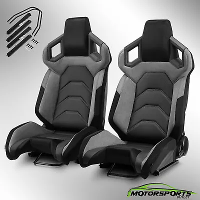 [Pure Series] Pure Black+Gray Reclinable PVC Car Racing Seats Pair W/Slider L&R • $410