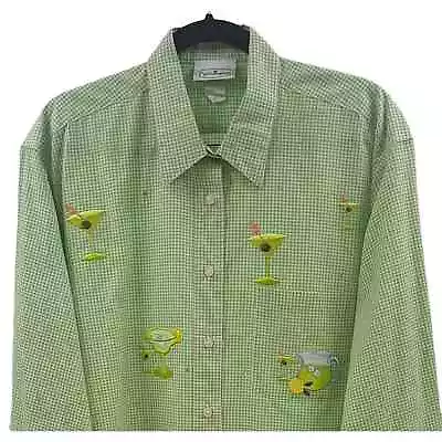 VTG Patchington Cocktail Shirt L Embroidered Martini Marg Long Sleeve Green Top • $18.99