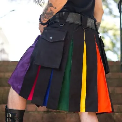 $59 • Buy Deluxe Hybrid Black/Rainbow Utility Cargo Kilt With Two Pockets  Size 28 To 56 