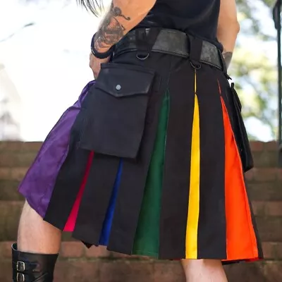 $59 • Buy Deluxe Hybrid Black/Rainbow Utility Cargo Kilt With Two Pockets  Size 28 To 56 