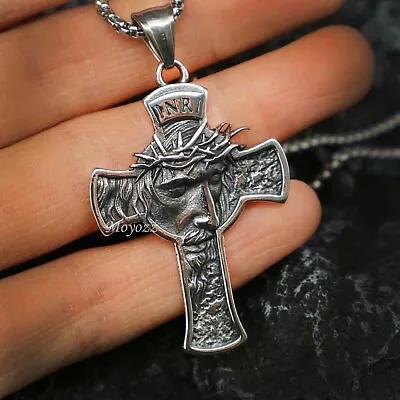Mens Stainless Steel Jesus Christ Face Crucifix Cross Gothic Pendant Necklace • $10.99