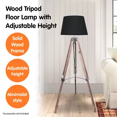 $125 • Buy Sarantino Solid Wood Tripod Floor Lamp Adjustable Height Stand Black Round Shade