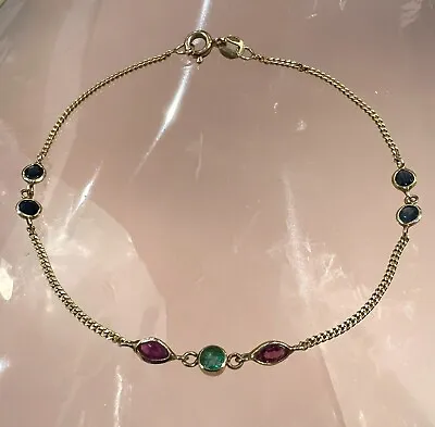 Solid 9ct Gold Fine Bracelet Natural Multi Gemstone • £225