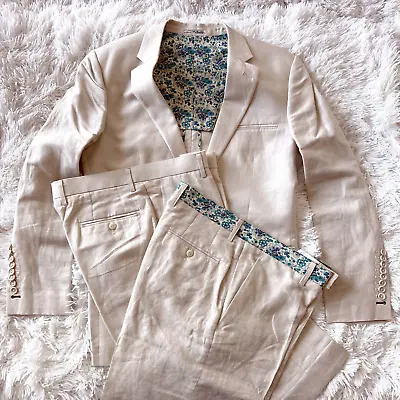 Bespoke Custom Cream Herringbone Linen Resort Suit W/matching Shorts =38R • $199.95