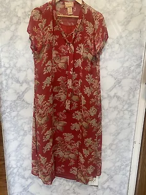 Vintage April Cornell Ladies Tea Length Dres  Sz L W/Slip Red Rayon Floral • $25