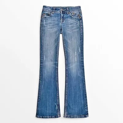 Vintage Miss Me Low Rise Bootcut Denim Jeans 27 Medium Wash Blue Embellished • $34.95