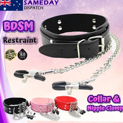 BDSM Bondage Collar Nipple Clamps Chain PU Leather Restraints Fetish Sex Toy • $16.99