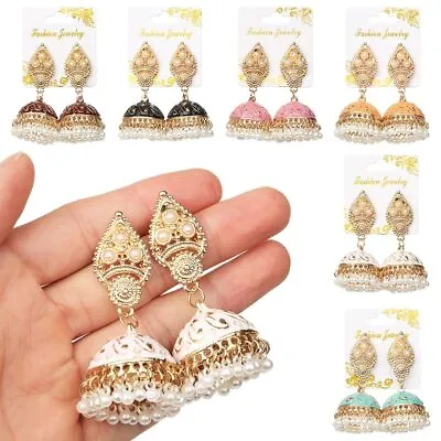 Gypsy With Tassel Jhumka Indian Style Bell Shape Pearl Beads Flower Earrings • $15.35