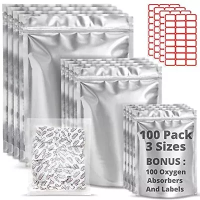 $26.99 • Buy 100pcs 5 Mil Mylar Bags For Food Storage With Oxygen Absorbers 300cc And Labels