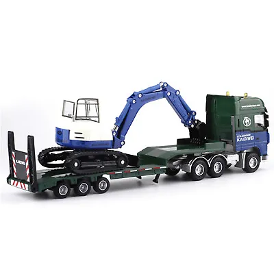 1:50 Alloy Flatbed Trailer Construction Truck Vehicle Trailer With Excavator E • £39.94