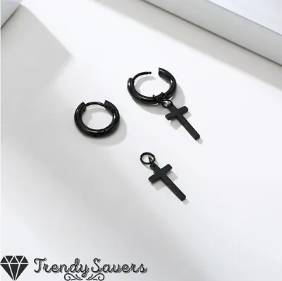 Men Women Surgical Steel Huggie Black Silver Gold Dangle Cross Kid Hoop Earrings • £3.99