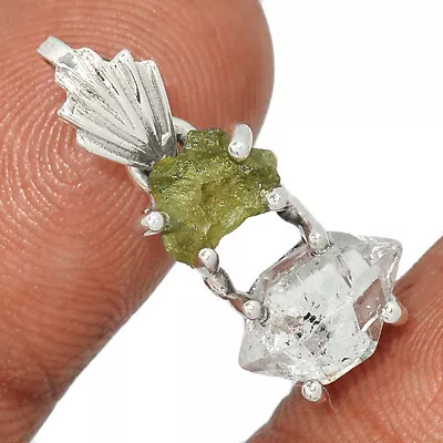 Natural Herkimer Diamond - USA & Moldavite 925 Silver Pendant SQ1 CP21291 • $20.99