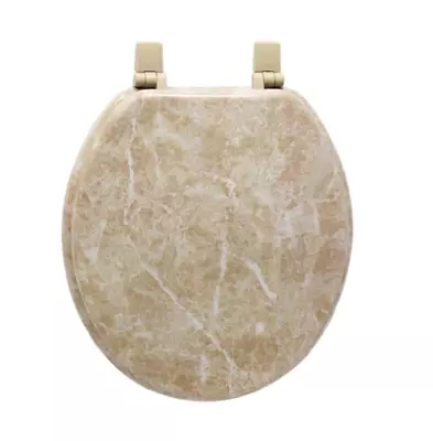 Seat Toilet Round Tan Cover Easy Closed Clean Faux Marble Wood Bathroom Glam • $37.25