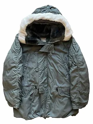 Vintage N-3B Jacket L Green Full Zip Parka Fur Hood 80s Military Workwear Punk • $150