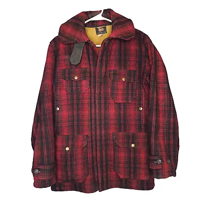 Vtg Woolrich Jacket Mens 36 Mackinaw Wool Red 40s 50s Black Plaid Hunting Coat • $105.95