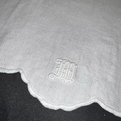 Vintage White Linen Kitchen Tea Towel Monogrammed M Scalloped Stitch Edge 25x14 • $14.99