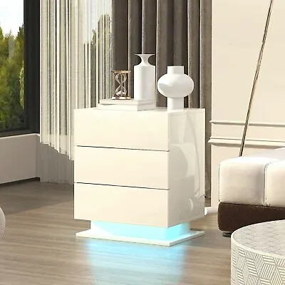 3 Drawer Nightstand With 16 LED Lights Modern End Table High Gloss Bedside Table • $93.99