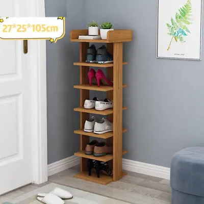 7 Tier Wooden Shoe Rack Tall Storage Shelf Unit Cabinet Organiser Footwear Stand • £20.99