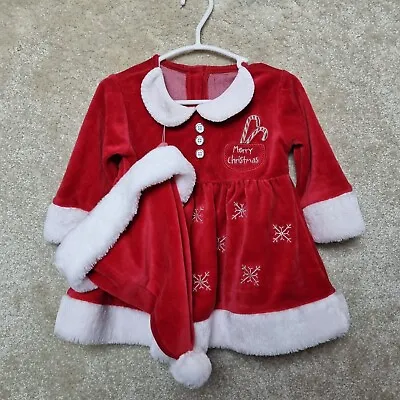 Dunnes Baby Santa Suit Outfit Girls 3-6 Months Dress & Hat Red White Velour • £12.99