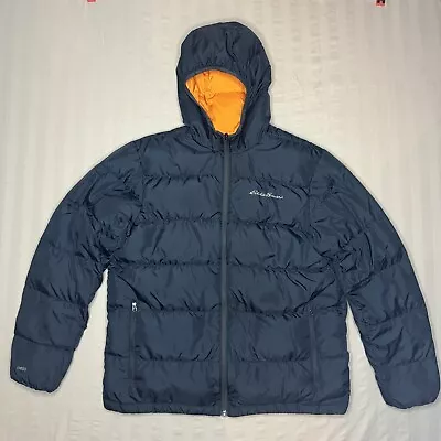 EDDIE BAUER Down Puffer Jacket Mens Large CirrusLite 650 Blue Lightweight Hooded • $59.95