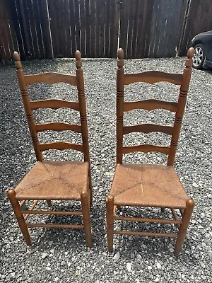 VINTAGE Ladderback Pair Wooden Dining Highback Chairs W/ Rush Seating. • $220