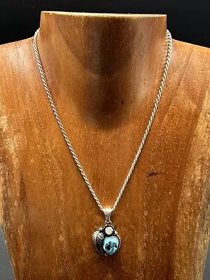 Sterling Silver Navajo Turquoise Pendant W/ 925 Italy Necklace RP Robert Platero • $125