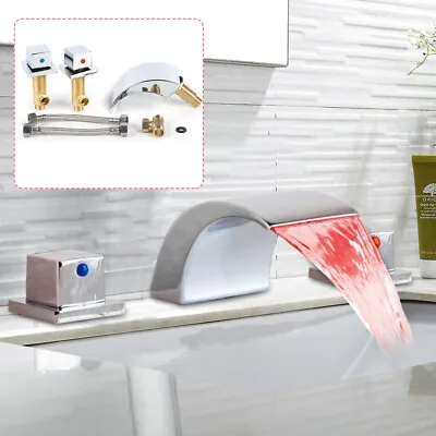 8  Bathroom Faucet LED Waterfall Faucet Tub Basin Sink 3-Hole Mixer Tap Set • $46.01