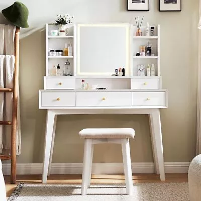 T4TREAM Modern Makeup Vanity Desk With Mirror And Lights 42'' White Make Up • $158.99