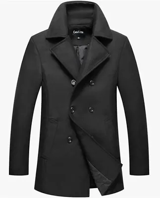 Men's Classic Notched Collar Double Breasted Winter Wool Blend Pea Coat XS • $19.95