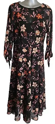 I. Madeline MEDIUM Black Floral Fit Flare Dress. Lined.Tie At Neck Back & Elbows • $22.99