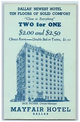 C1950's Mayfair Hotel & Restaurant Building Dallas Texas TX Advertising Postcard • £28.91