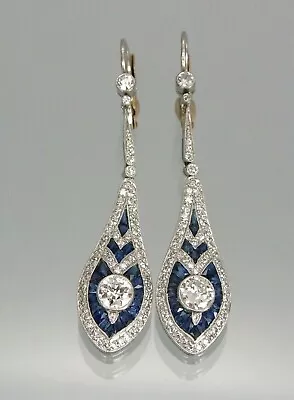 Art Deco Style 4.8Ct Diamond & Sapphire Drop Dangle Milgrain 925 Silver Earrings • $79.80