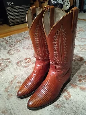 Vintage Dan Post Amber Teju Lizard & Leather R Toe Cowboy Boots #6836 Men's 9d • $55.95