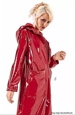 Women's Red PVC Vinyl Trench Jacket Hoodie Coat Raincoat Waterproof All Sizes • $82.49